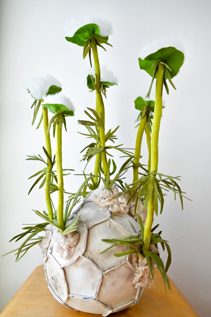 Alissa Alfonso, Wild Carrot, 2026, hand—dyed textile waste, reused fiber-fill, wire, thread, textile stabilizer; base: reclaimed Inside out soccer ball, shredded textile shoddy, 21 x 15 x 15 in.