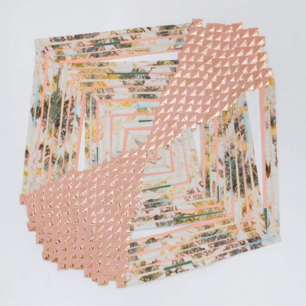 Regina Durante Jestrow, Pieced Landscape 64 (Coral Log Cabin), 2026, hand-dyed cotton (reactive dyes), corduroy, other assorted textiles, velcro on wooden mount, 54 x 53 in.