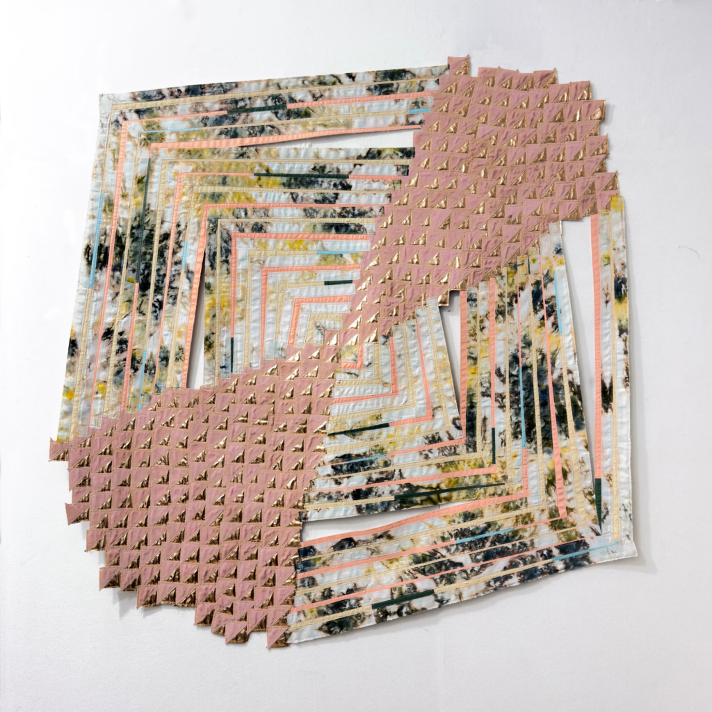 Regina Durante Jestrow, Pieced Landscape 64 (Coral Log Cabin), 2026, hand-dyed cotton (reactive dyes), corduroy, other assorted textiles, velcro on wooden mount, 54 x 53 in.