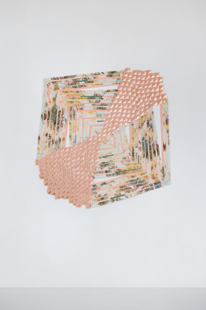 Regina Durante Jestrow, Pieced Landscape 64 (Coral Log Cabin), 2026, hand-dyed cotton (reactive dyes), corduroy, other assorted textiles, velcro on wooden mount, 54 x 53 in.