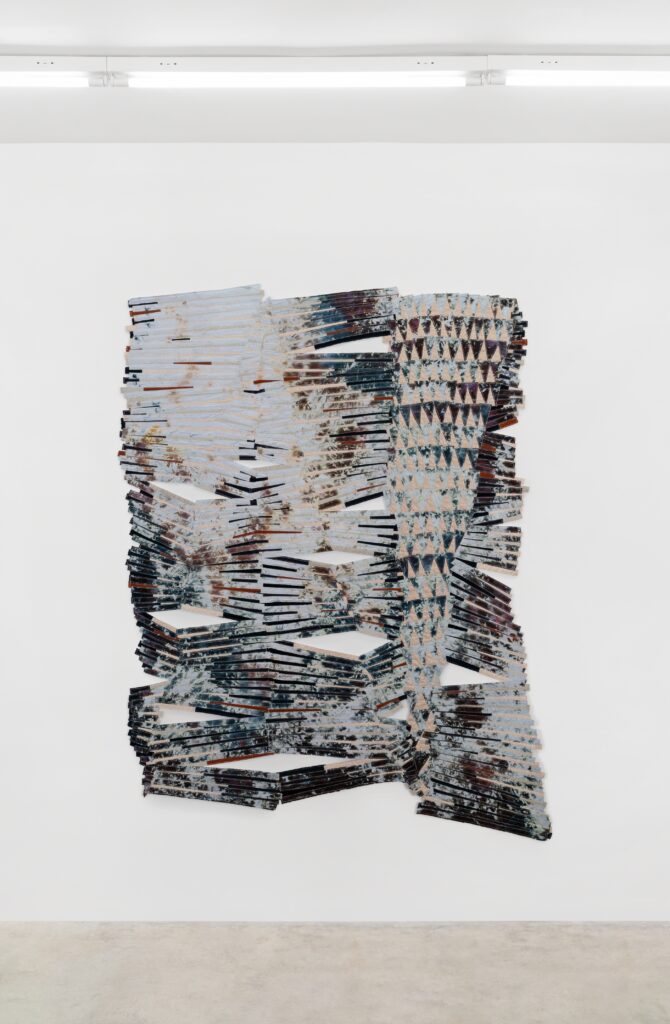 Regina Durante Jestrow, Spiderweb Variation 5, 2025 hand-dyed cotton (reactive dyes), assorted fabrics, thread, felt, wooden mount, 90 x 66 in.