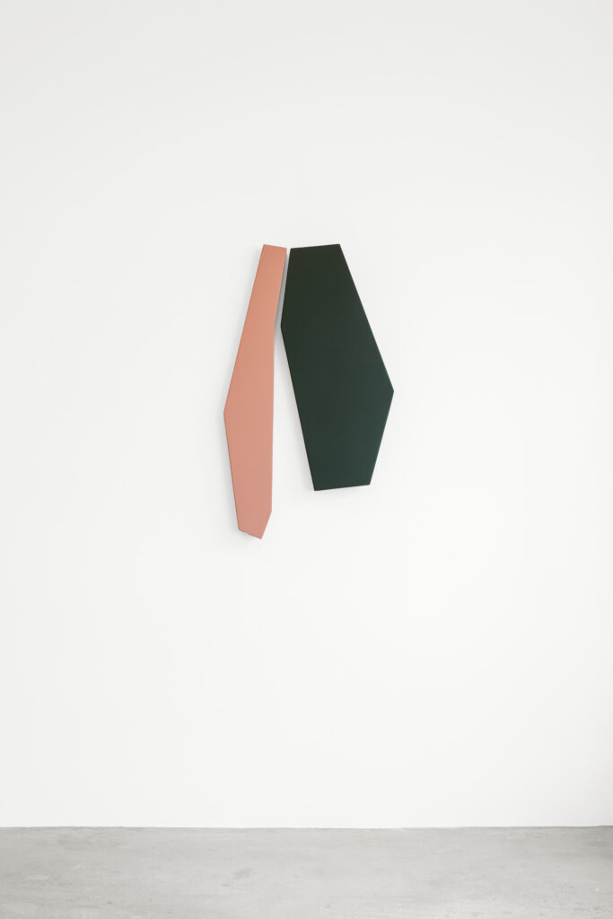 Jonathan Gonzalez, Pink Next To Green, 2025, acrylic enamel on wood, two panels, 41 x 35 ½ x 2 ¼ in.