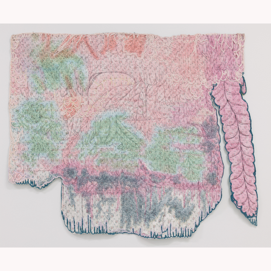 Jen Clay (b. 1985), Terrible Sky, 2024, quilted textile, hand-dye found fabric, chenille yarn, 61½ x 52½ x 1 in.