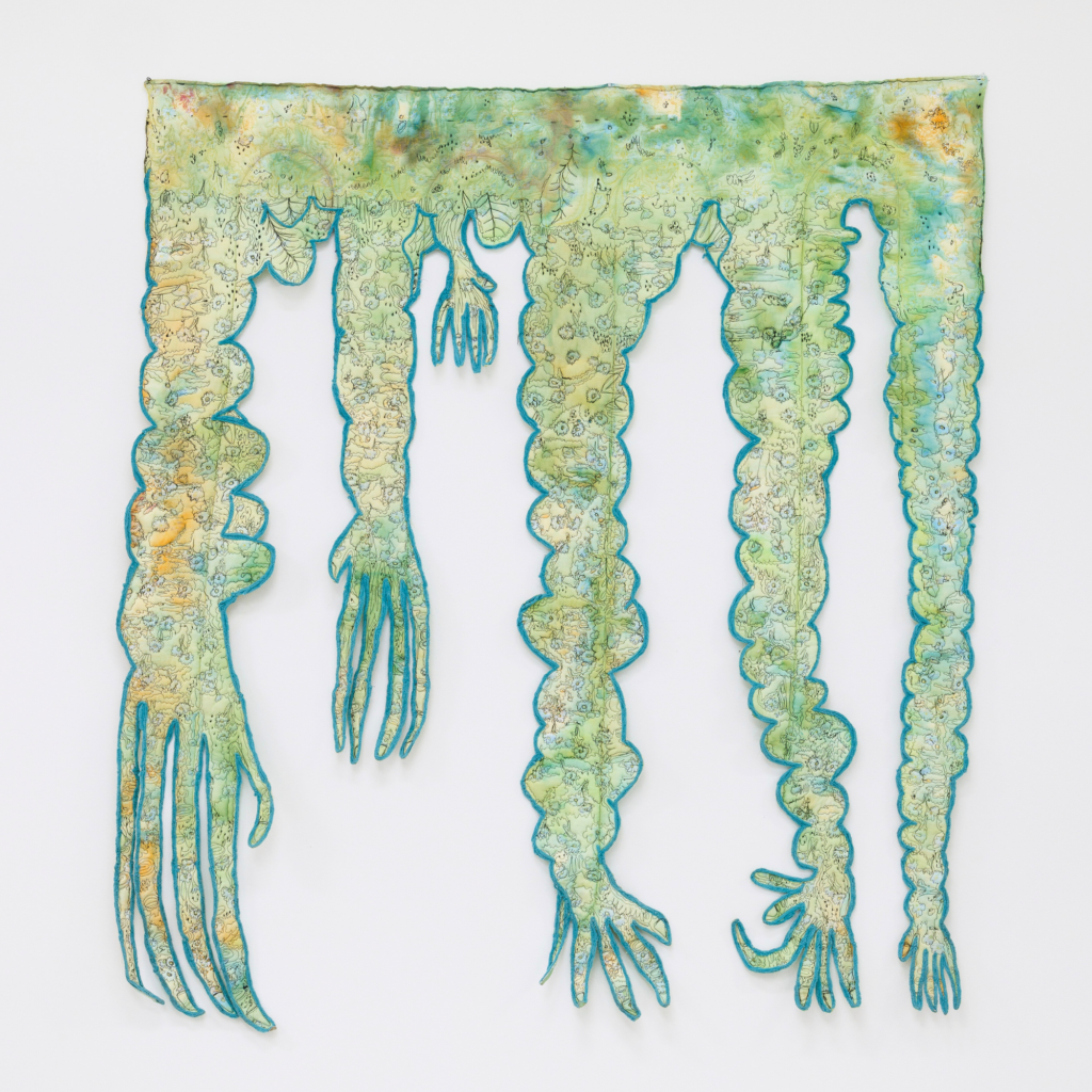 Jen Clay, Grandma, 2023, quilted textile, hand—dyed found fabric, chenille yarn, 90 x 72 x 2 in.