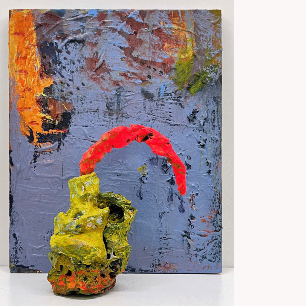 Francie Bishop Good, Putting The Pieces Together, Pairing 2020, painting, 2020, synthetic polymer paints on board, 20 x 16 in., sculpture, synthetic polymers on bisque—fired earthenware, 11 x 9 x 9 in.