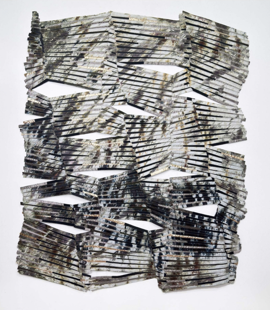 Regina Durante Jestrow, Spiderweb Variation 4, 2025, hand-dyed cotton (reactive dyes), assorted fabrics, thread, felt, wooden mount, 87 x 74 in., 220.98 x 187.96 cm.