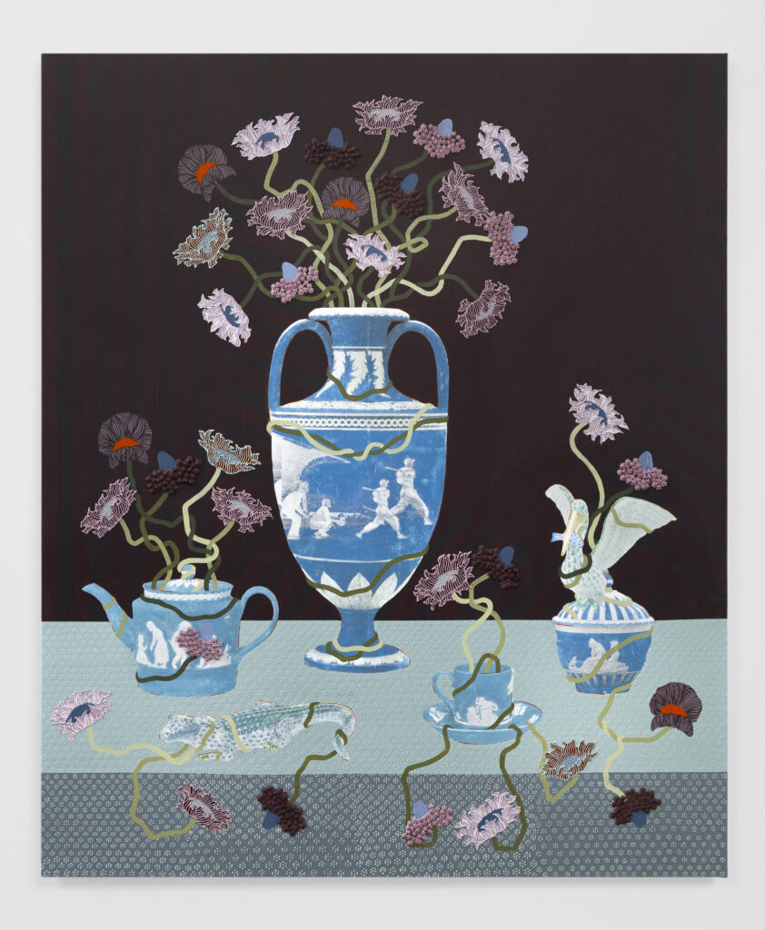 Lizzie Gill, Still Life with Four Cerulean Vessels (Avec Le Pé lican), 2025, acrylic, image transfer & marble dust emulsion on canvas, 48 x 40 in.