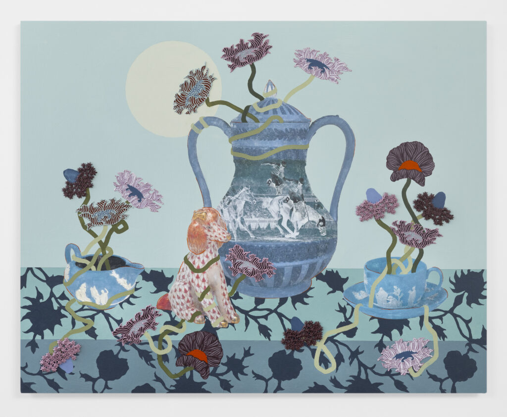 Lizzie Gill, Crimson Poodle (Steeplechase), 2025, acrylic, image transfer & marble dust emulsion on panel, 24 x 30 in.