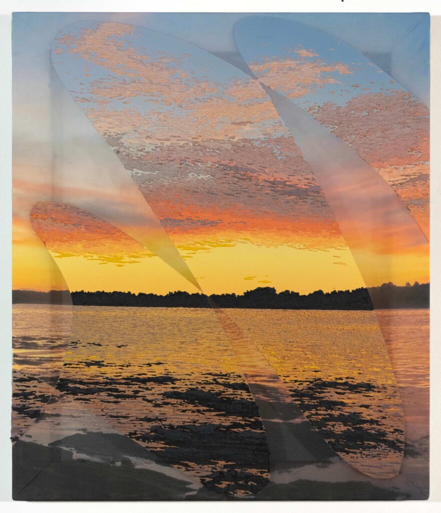 Saskia Fleishman, Cape Elizabeth ME (July 23 2025 8:24pm), 2025, acrylic and locally sourced sand on digitally printed chiffon, 31 ½ x 27 ½ in.
