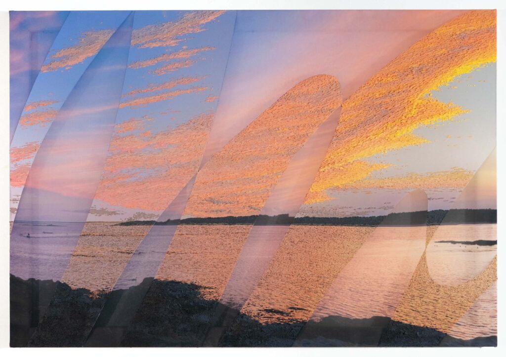 Saskia Fleishman, Cape Elizabeth ME (July 25 2025 8:23pm), 2025, acrylic and locally sourced sand on digitally printed chiffon, 43.3071 x 62.9921 in.