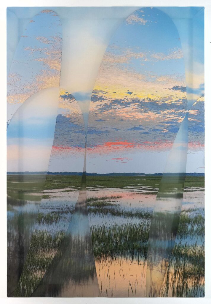 Saskia Fleishman, Margate NJ (June 25 8:27pm), acrylic and locally sourced sand on digitally printed chiffon, 43.3071 x 62.9921 in.